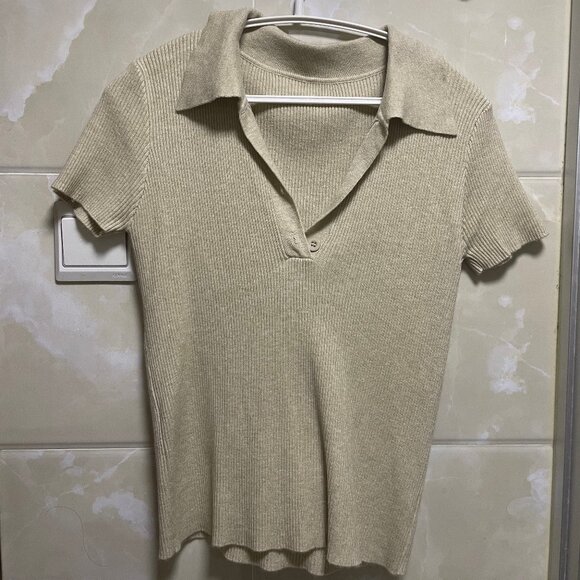Beige Ribbed Knit Polo T - Shirt - Picture 1 of 1